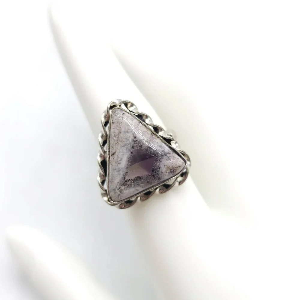 Purple Porcelain Jasper Triangle Ring Size 7.25 Silver Plated Vintage